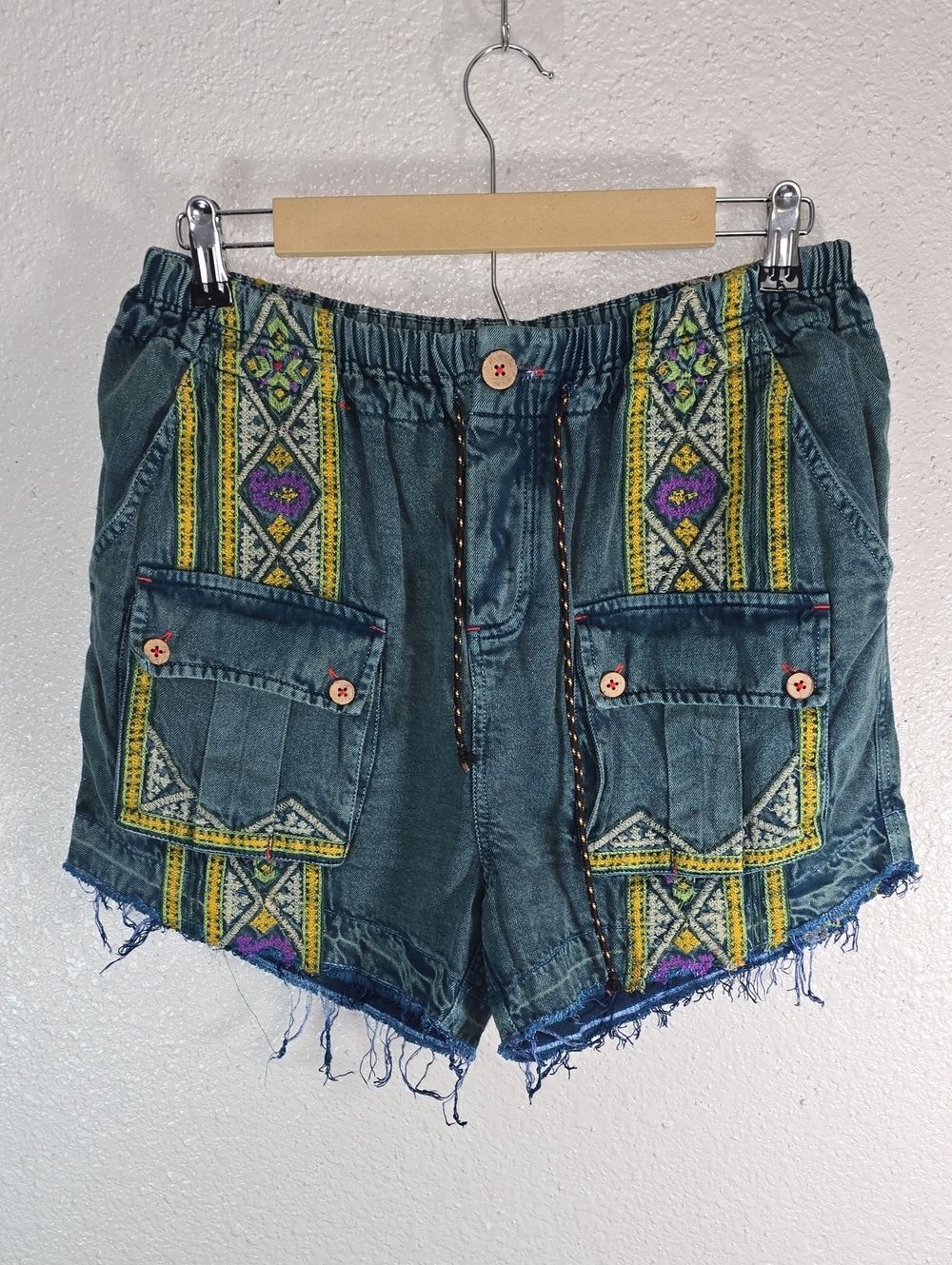 Free People Embroidered Boho Denim-Look Women’s Shorts in Teal